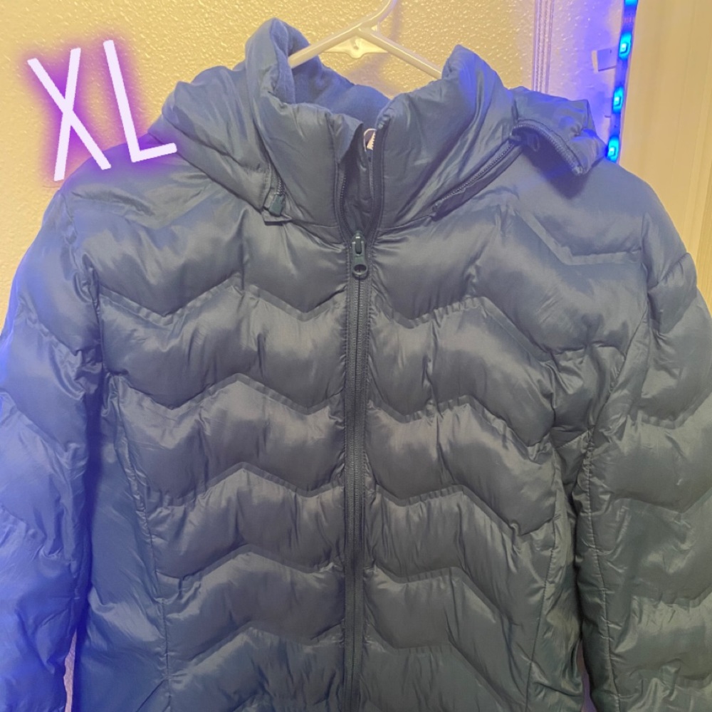 blue puffer jacket